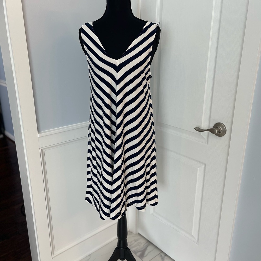 LOFT Navy and White A-Line Midi Dress Sleeveless V-Neck